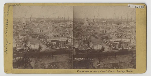 Stereograph of view from the top of the courthouse ruins, looking north, after the Chicago Fire of 1871